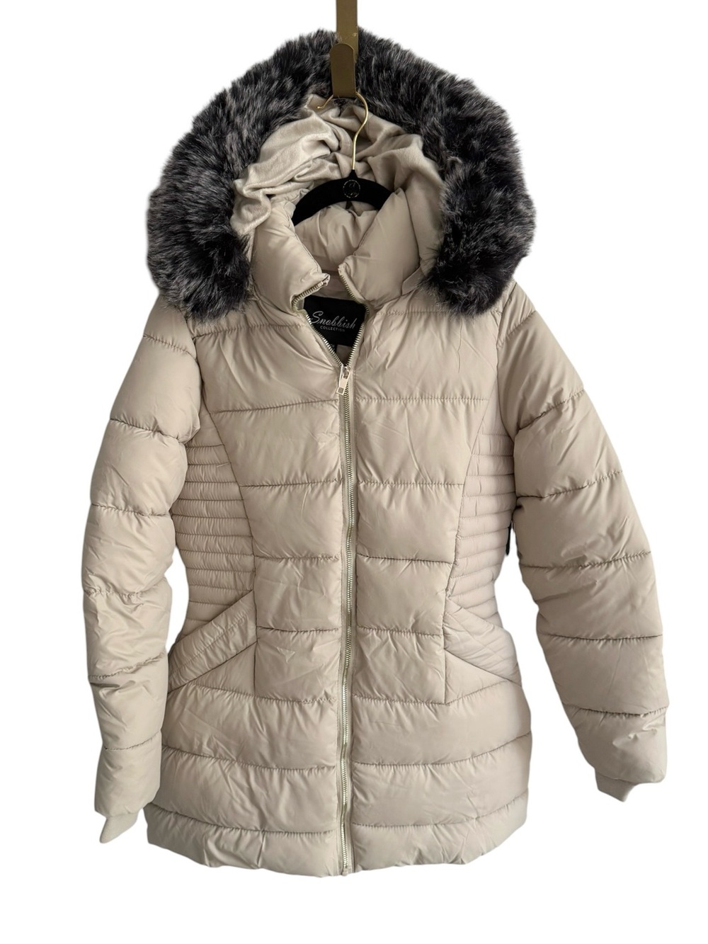 Women's Snobbish Collection Beige Faux Fur Trim Hooded Puffer Coat Jacket Small